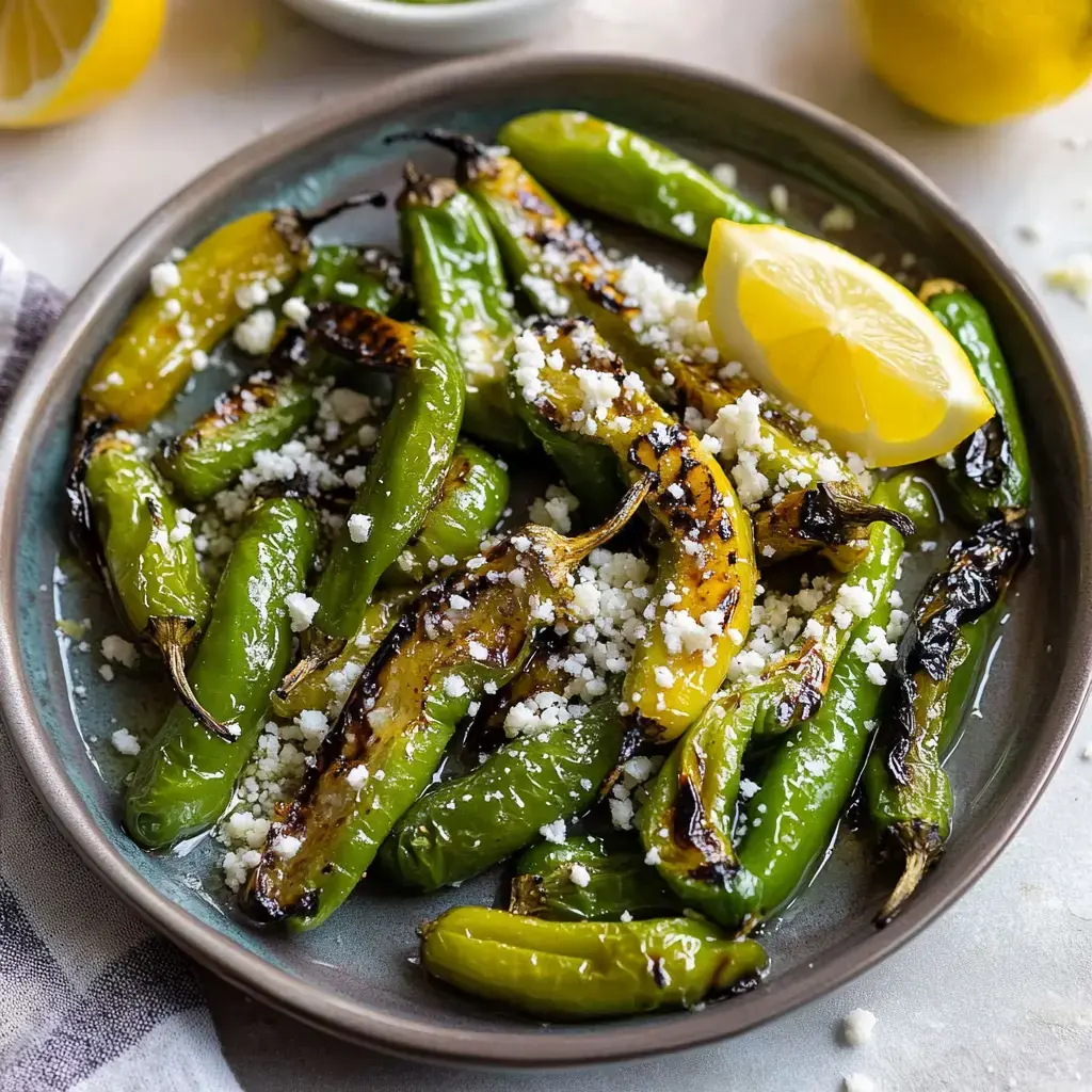 A plate of grilled peppers, both green and yellow, topped with crumbled cheese and served with a lemon wedge.