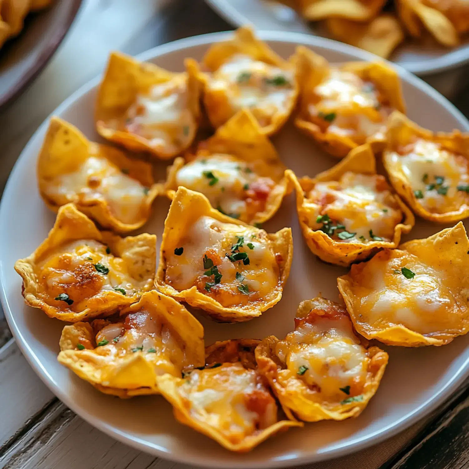 A plate of crispy nacho cups filled with melted cheese, diced tomatoes, and garnished with parsley.