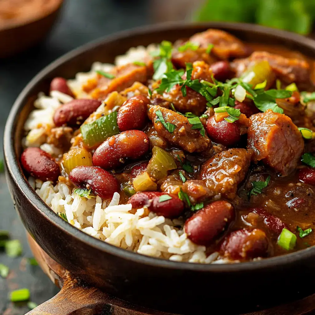 A close-up of a bowl of rice topped with a hearty mixture of beans, meat, and chopped herbs.