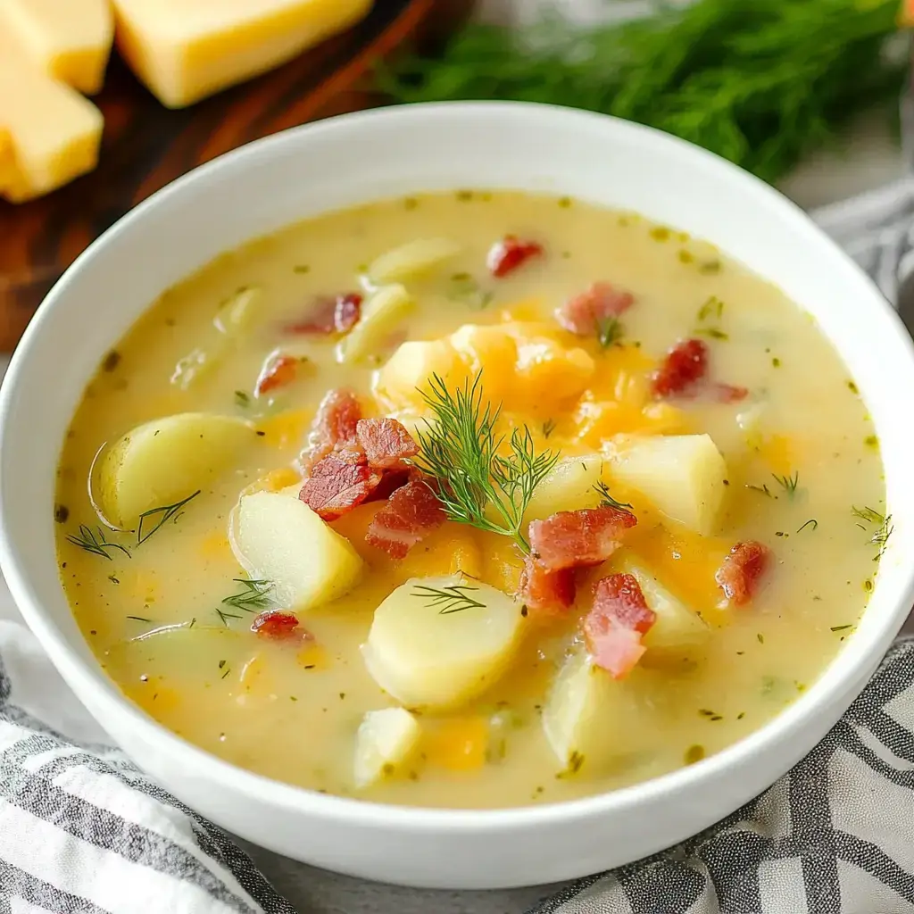 A bowl of creamy potato soup topped with bacon, cheddar cheese, and fresh dill, accompanied by slices of cheese in the background.