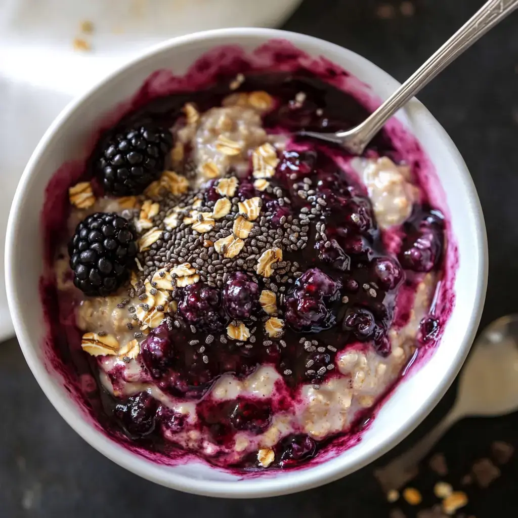 A bowl of oatmeal topped with blackberry and blueberry compote, chia seeds, and scattered oats.