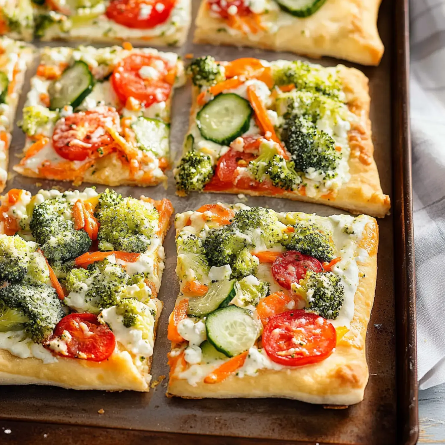 A tray of rectangular vegetable pizzas topped with broccoli, tomatoes, cucumbers, and carrots on a creamy base.