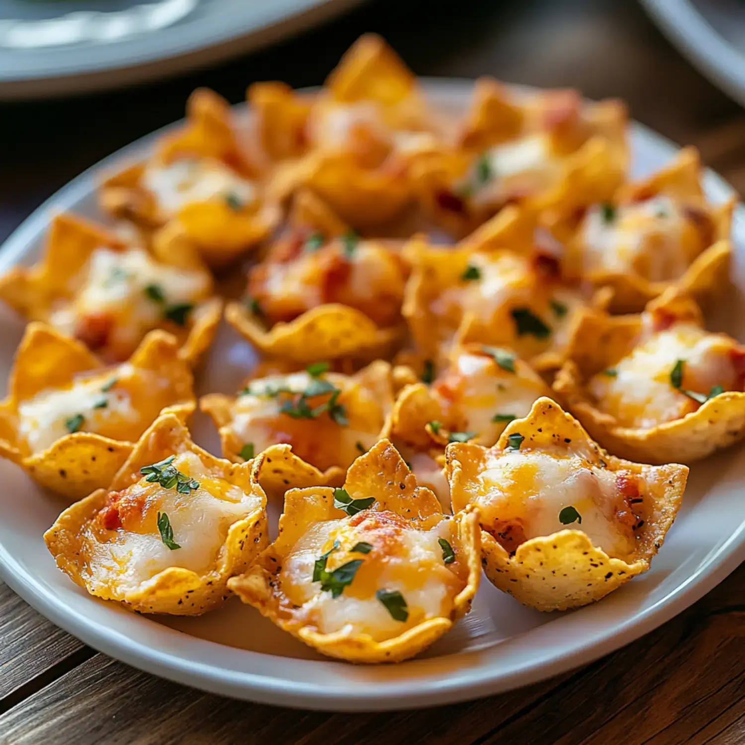 A plate of crispy tortilla cups filled with melted cheese and garnished with herbs.