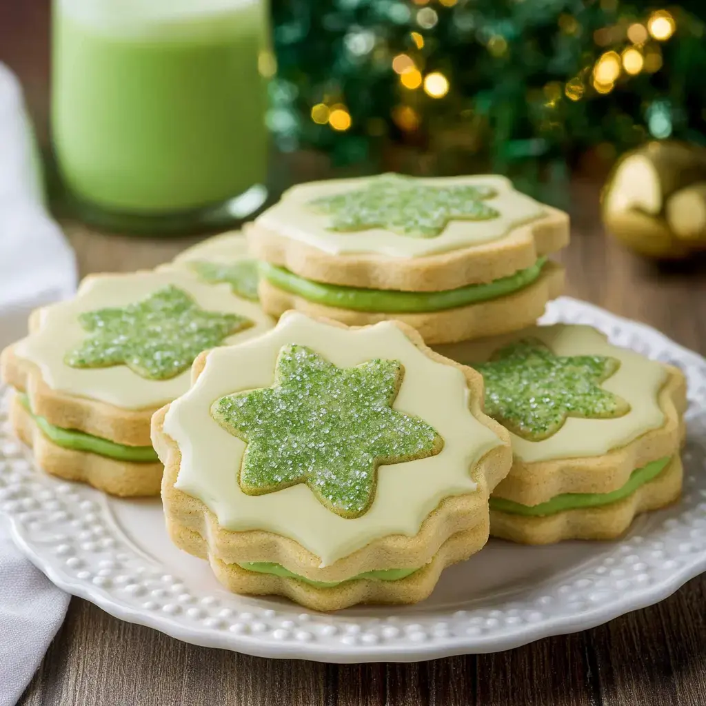 A plate of star-shaped cookies with green icing and sparkling sugar decorations, accompanied by a glass of green drink and festive decorations in the background.