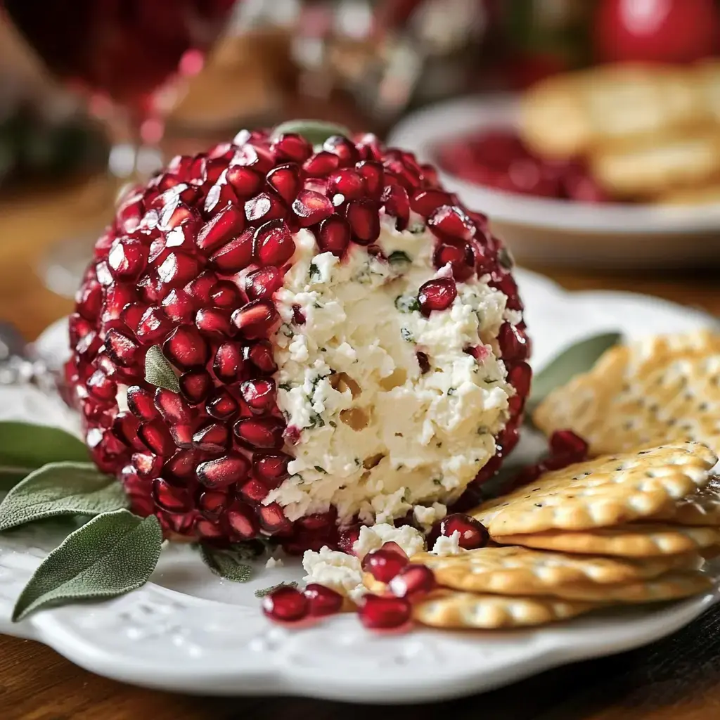 A decorative cheese ball coated in pomegranate seeds is served on a white plate alongside crackers.