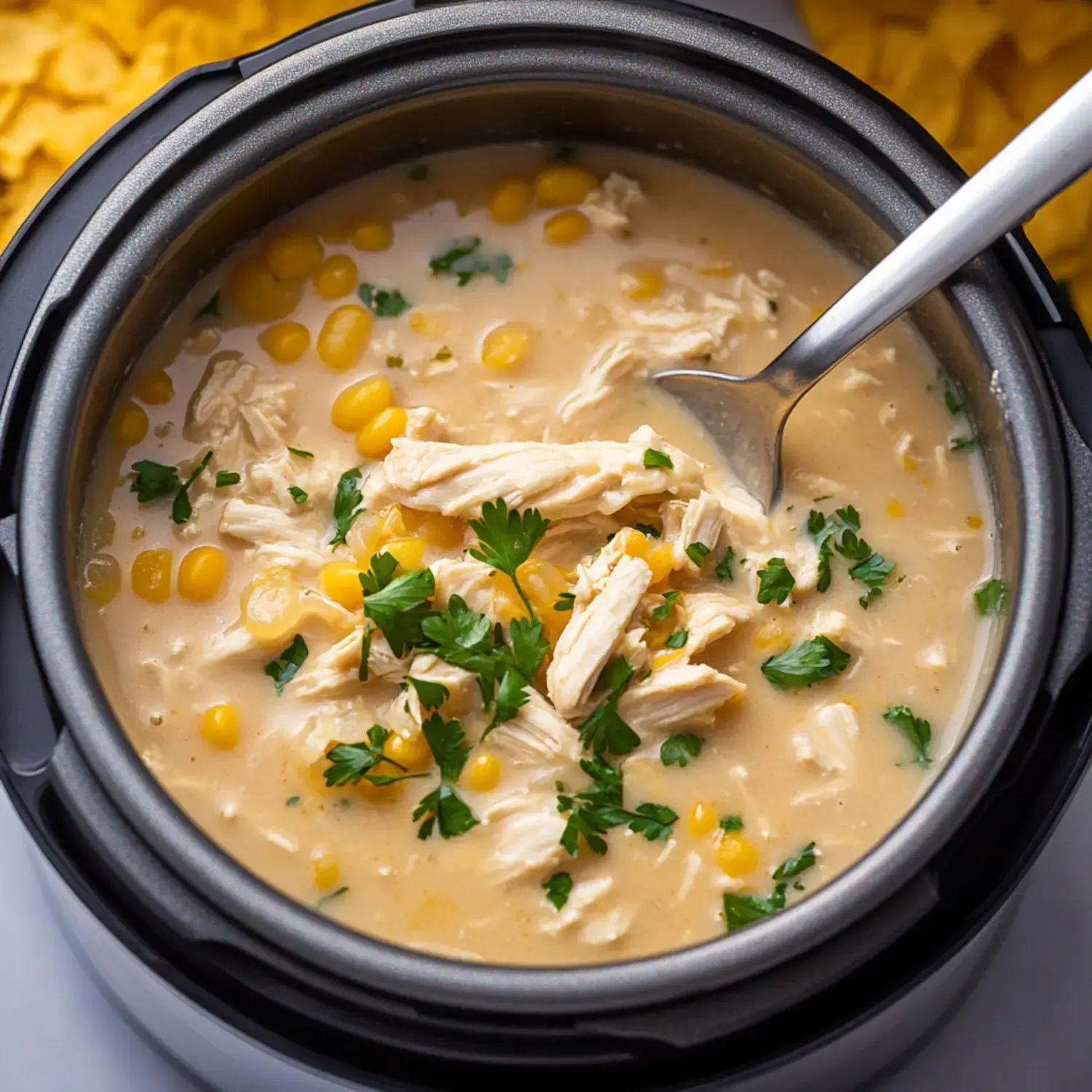 A close-up of a creamy chicken soup with corn and parsley, served in a black bowl with a spoon.