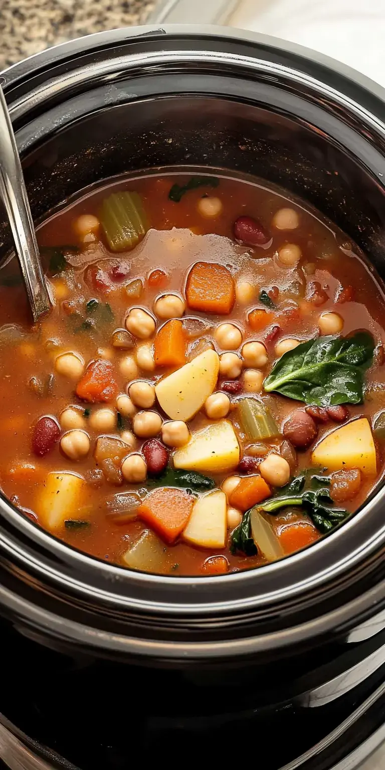 A close-up view of a hearty vegetable soup with beans and greens simmering in a slow cooker.