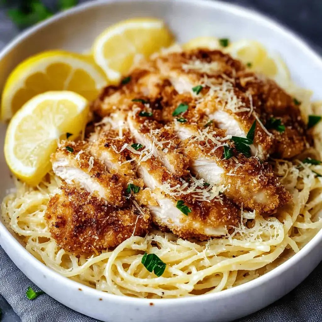 A bowl of pasta topped with crispy breaded chicken, garnished with grated cheese, herbs, and lemon slices.