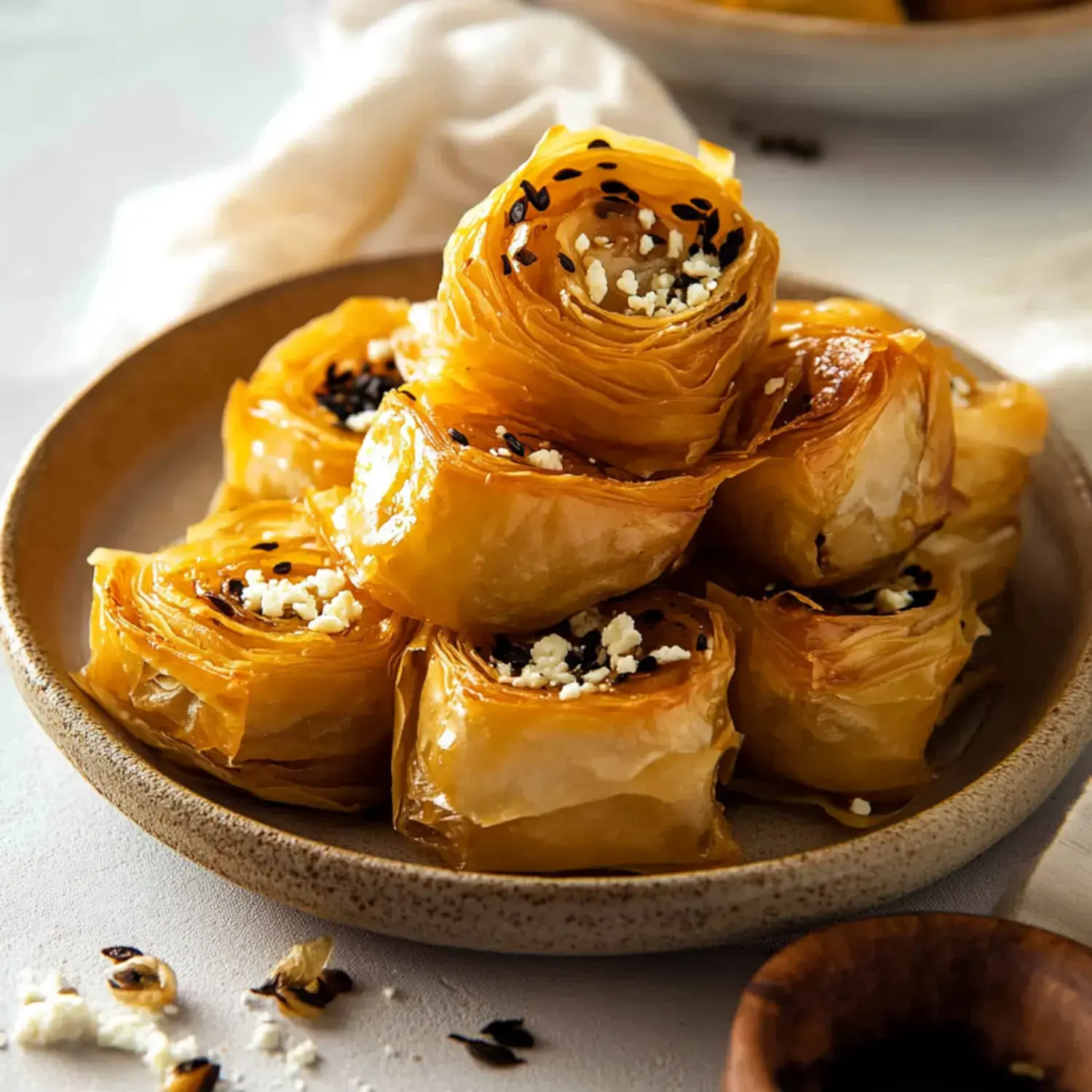 A plate of stacked, golden pastry rolls topped with black sesame seeds and crumbled white cheese.