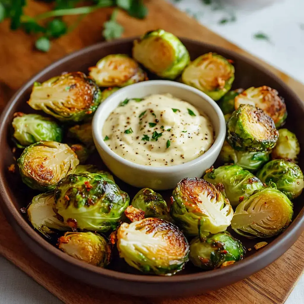 A serving of roasted Brussels sprouts arranged around a small bowl of creamy dipping sauce, garnished with black pepper and herbs.