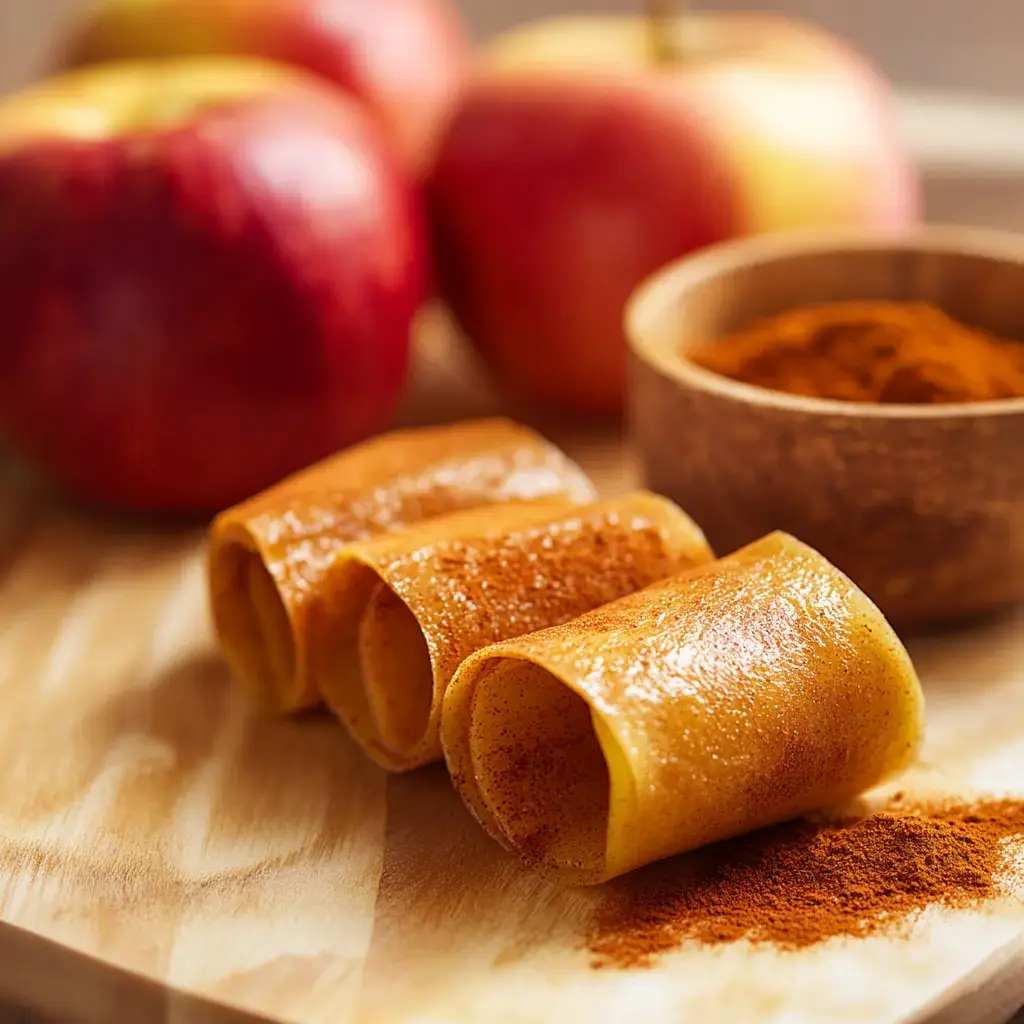 Three rolled apple fruit leathers dusted with seasoning, placed on a wooden board beside fresh apples and a small bowl of spice.