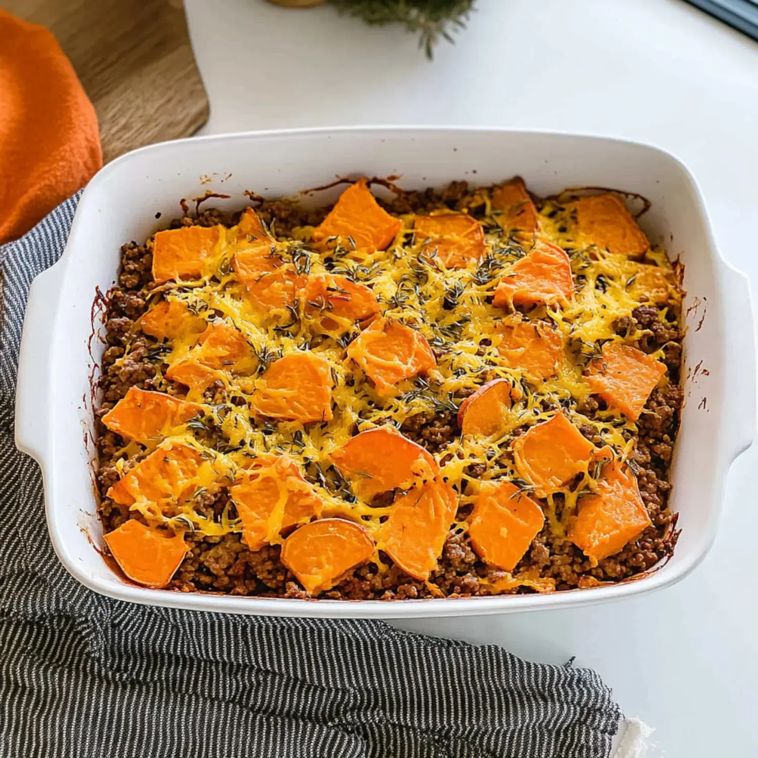 A casserole dish containing baked ground meat topped with orange sweet potato chunks and melted cheese, placed on a striped cloth.