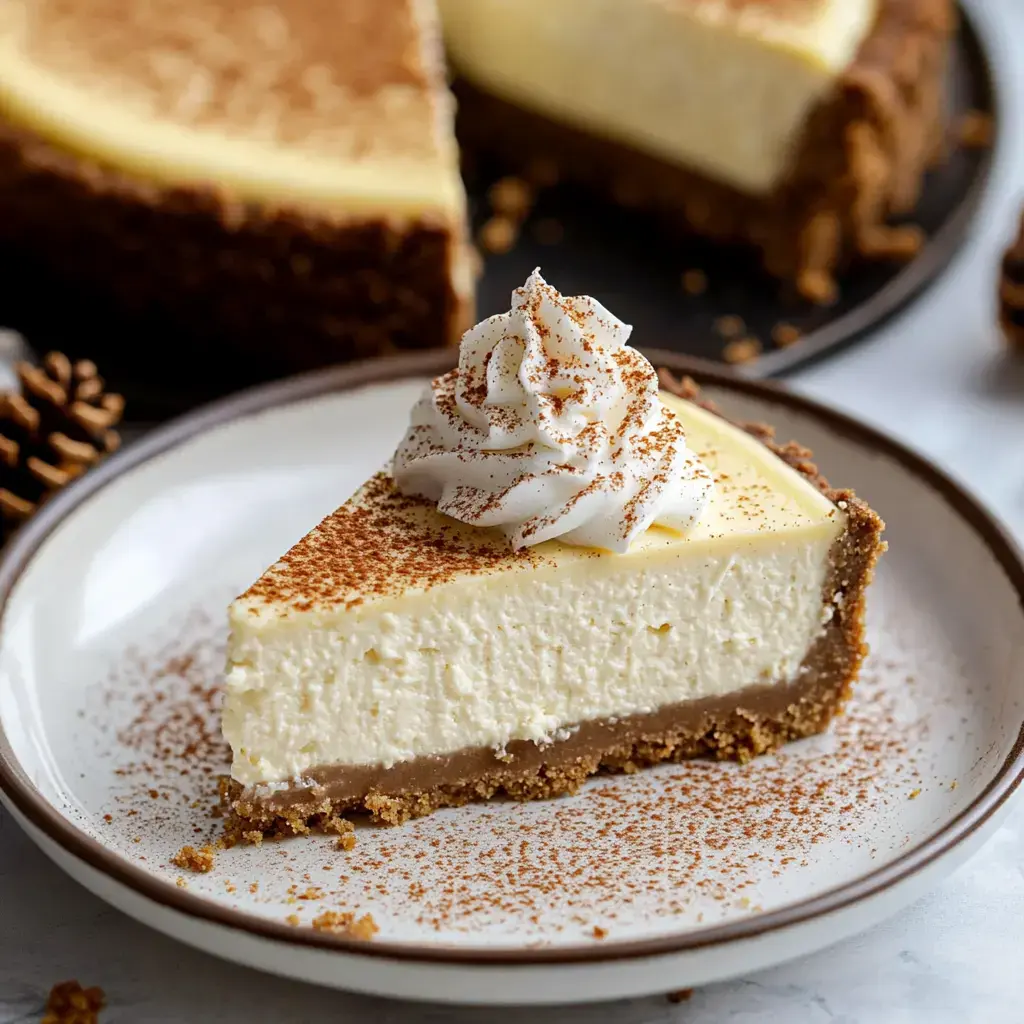 A slice of creamy cheesecake topped with whipped cream and cocoa powder, sitting on a plate with a graham cracker crust, with a whole cheesecake in the background.