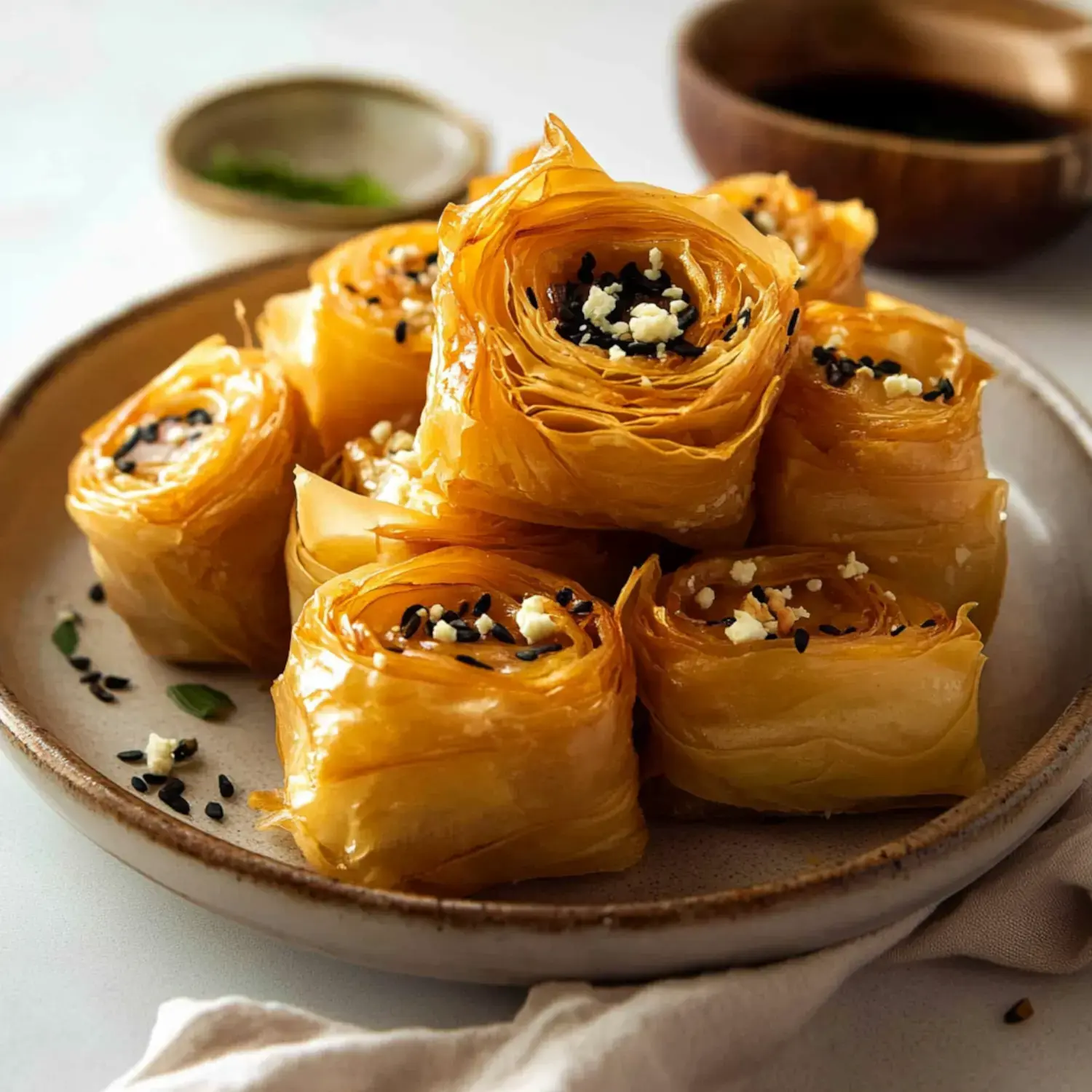 A plate of rolled pastry filled with ingredients, garnished with sesame seeds and crumbled cheese.