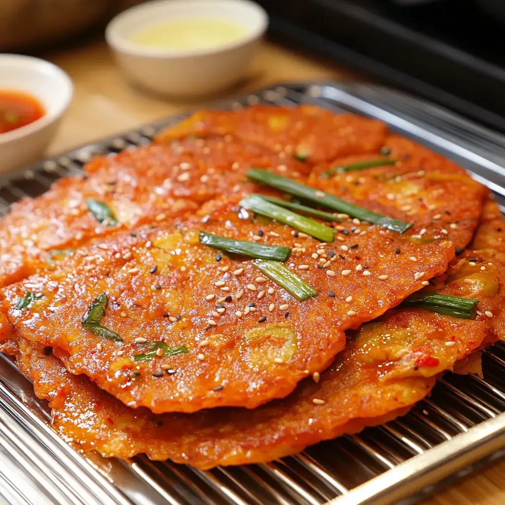 A close-up of crispy, golden-brown pancakes topped with green onions and sesame seeds, arranged on a cooling rack with small bowls of sauce in the background.