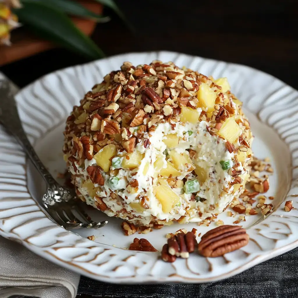 A creamy cheese ball coated in chopped pecans and mixed with pineapple chunks sits on a decorative plate, accompanied by a silver fork.