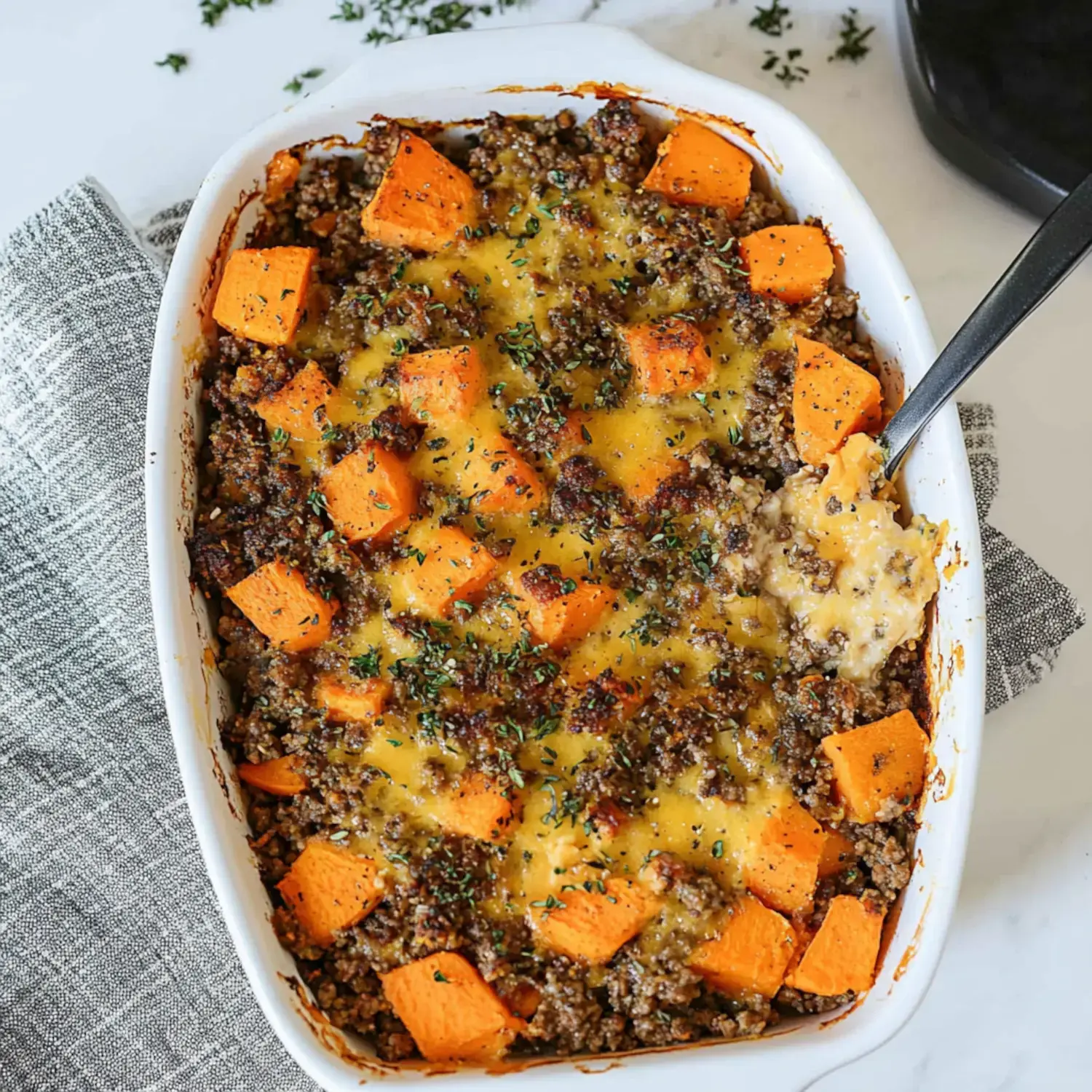 A baked casserole with ground meat, sweet potatoes, and melted cheese, garnished with herbs, displayed in a white dish on a textured cloth.