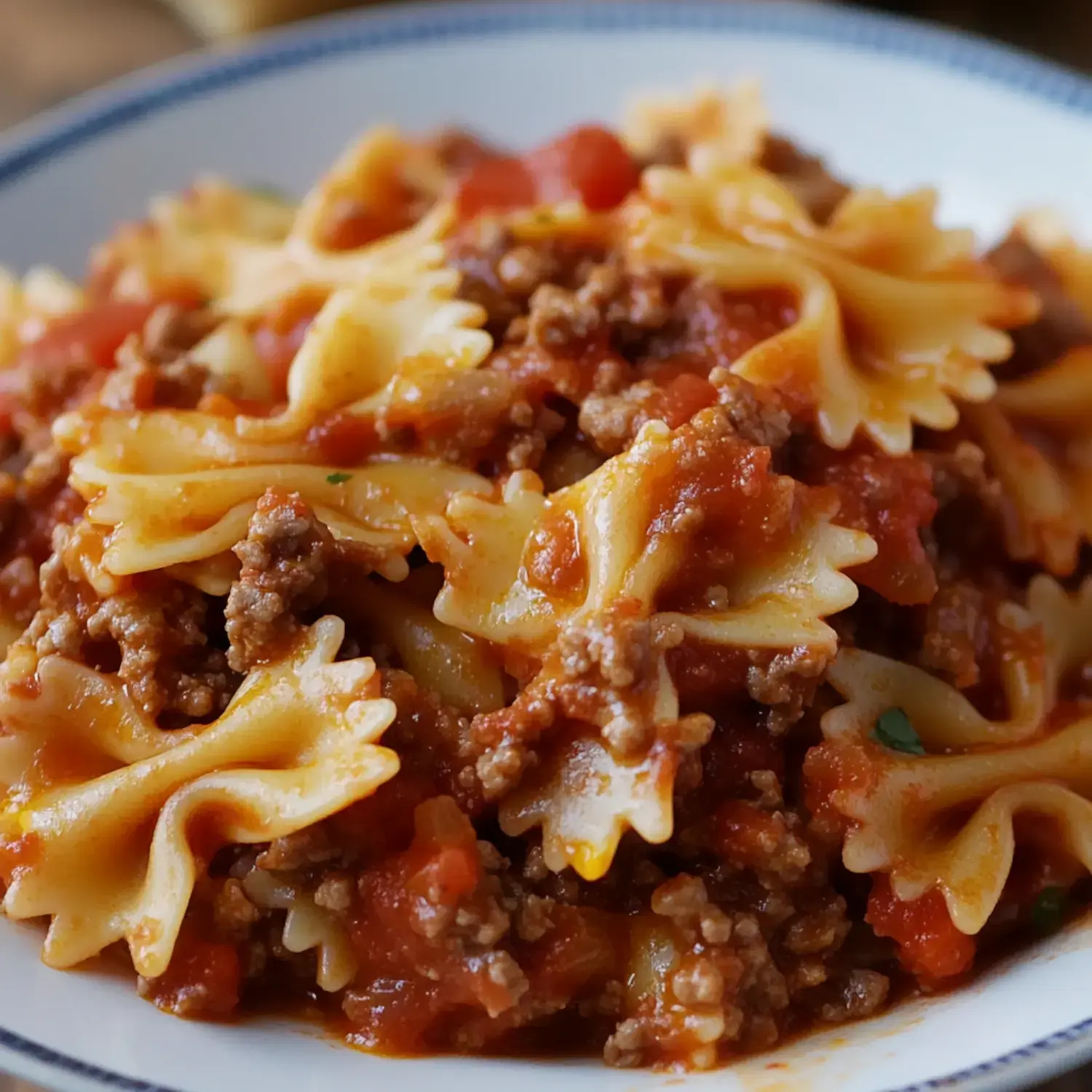 A bowl of farfalle pasta mixed with seasoned ground beef and a rich tomato sauce.