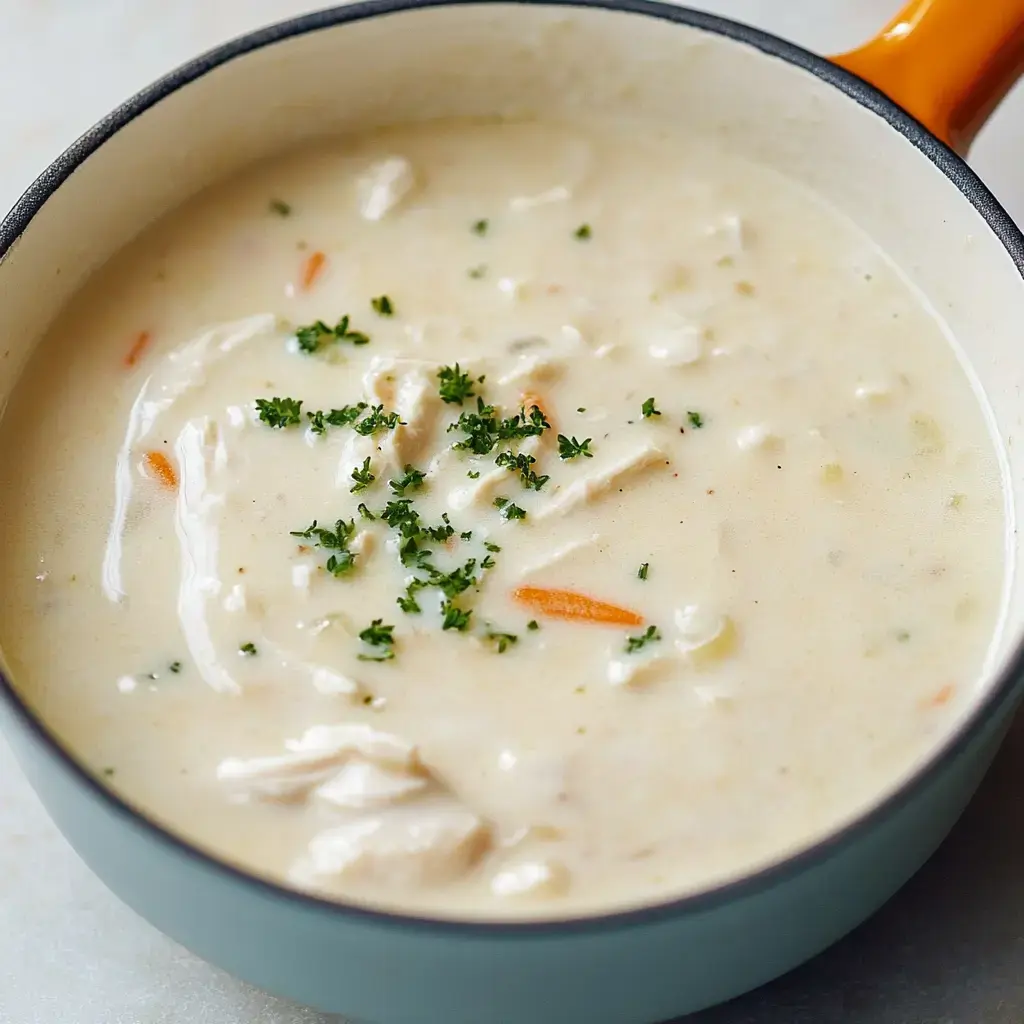 A creamy chicken soup with shredded chicken, carrots, and a sprinkle of parsley in a pot.