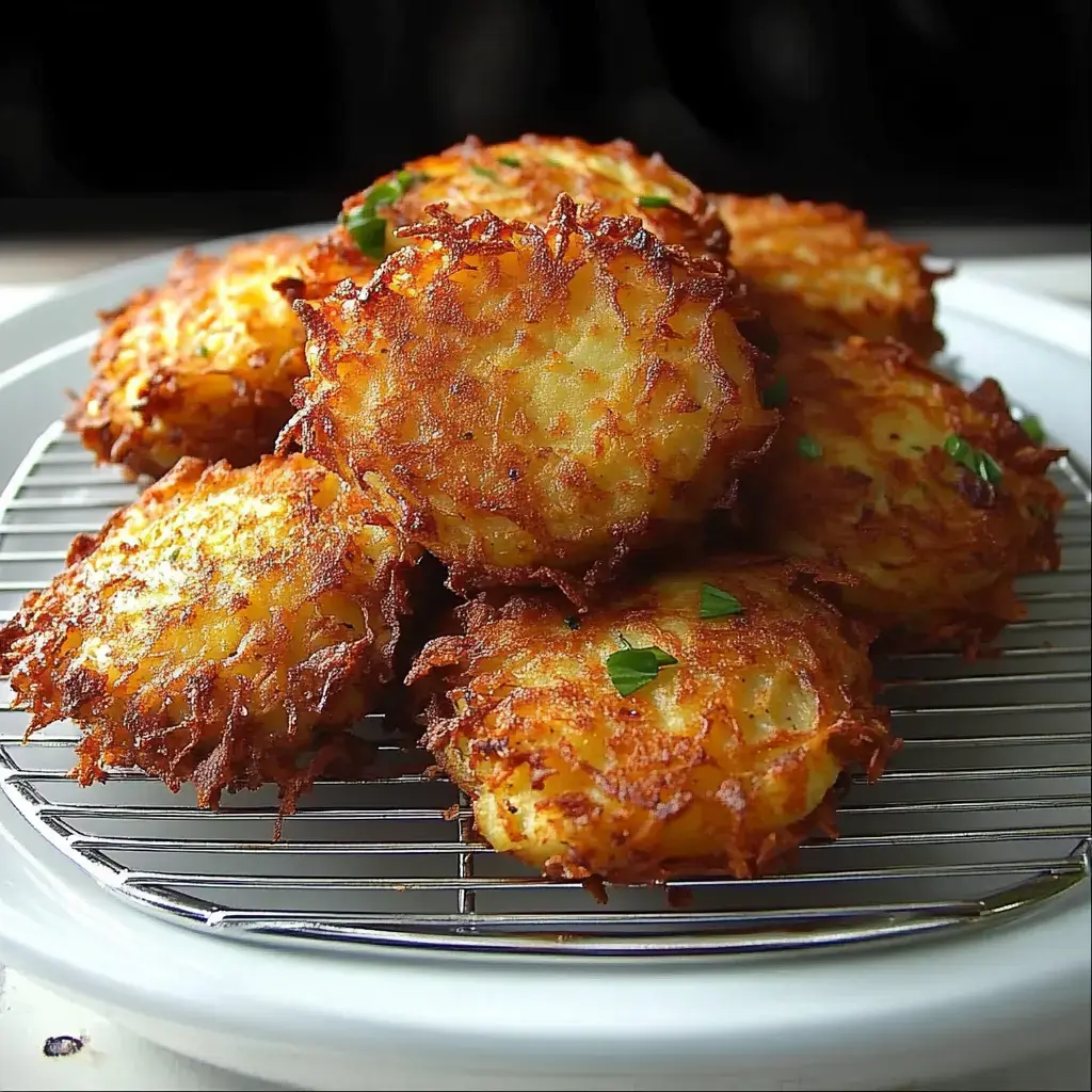 A plate of crispy golden-brown latkes garnished with fresh herbs, arranged on a wire rack.