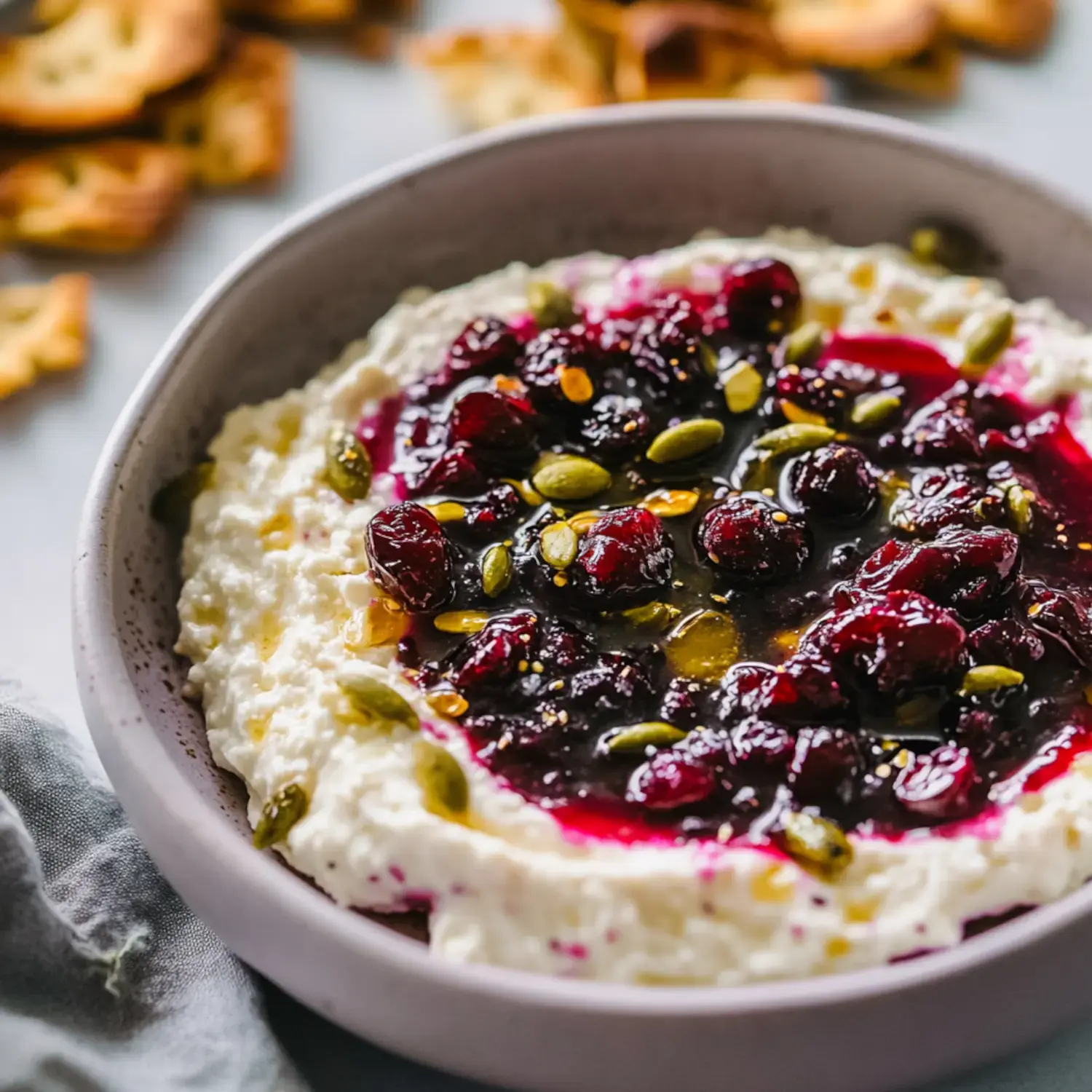 A bowl of creamy cottage cheese topped with a colorful cranberry sauce and sprinkled with pumpkin seeds, accompanied by crisp snacks in the background.