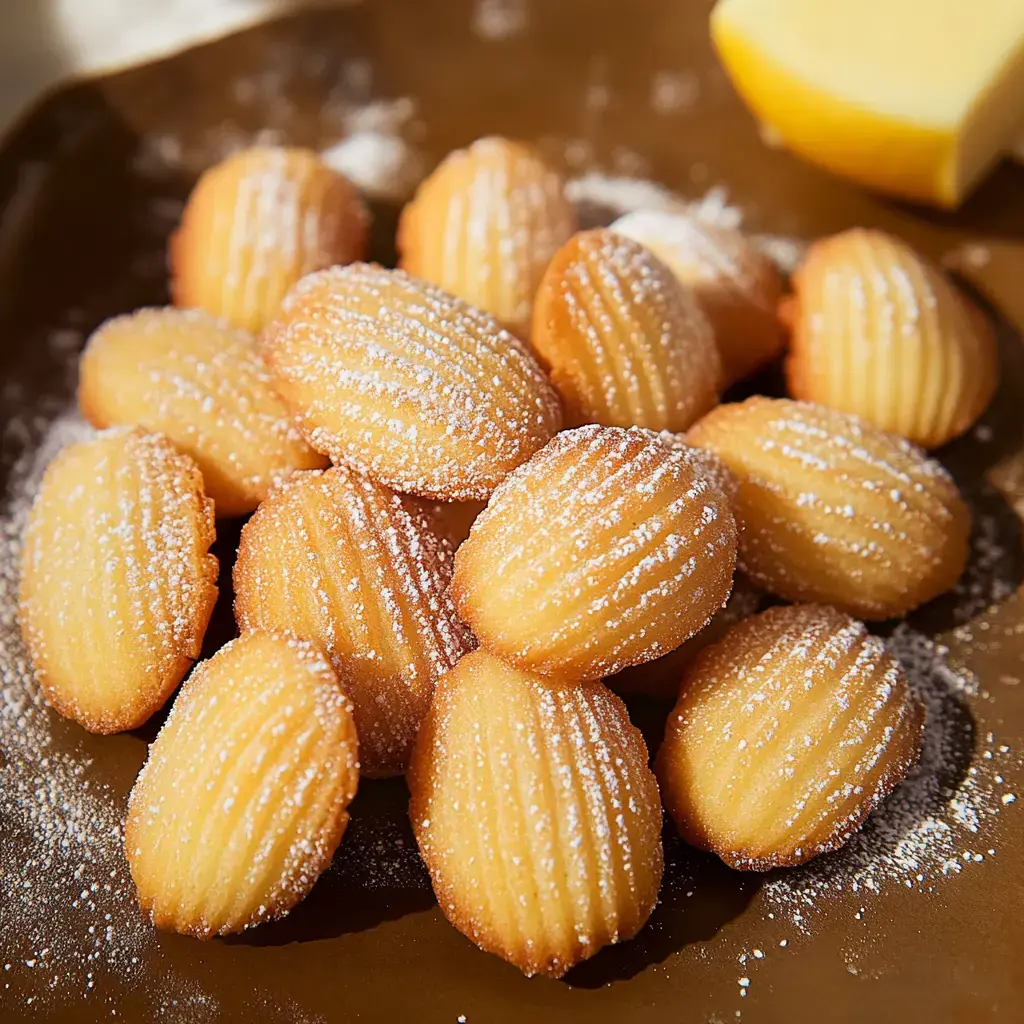 A plate of freshly baked madeleines dusted with powdered sugar, with a piece of butter in the background.