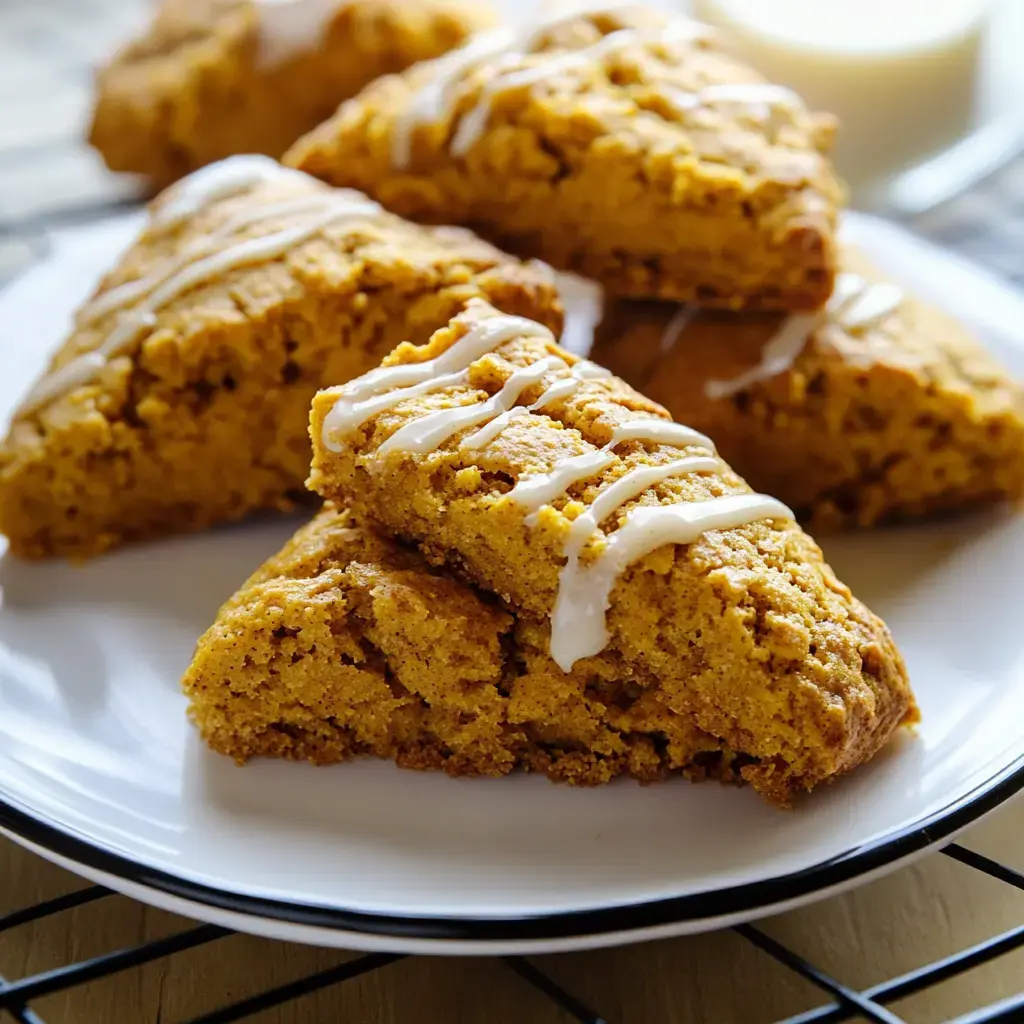 A plate of freshly baked pumpkin scones drizzled with icing.