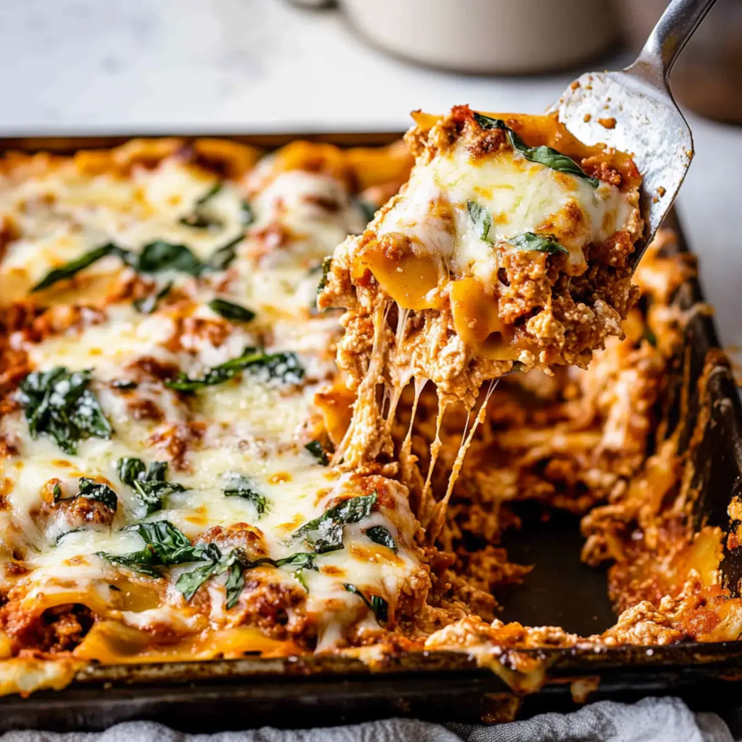 A close-up of a slice of cheesy lasagna being lifted from a baking dish, with layers of pasta, meat sauce, and spinach visible.