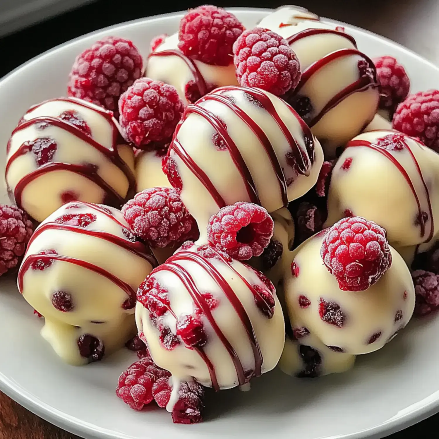 A close-up of a plate filled with white chocolate-covered raspberry treats, garnished with fresh raspberries and drizzled with chocolate.