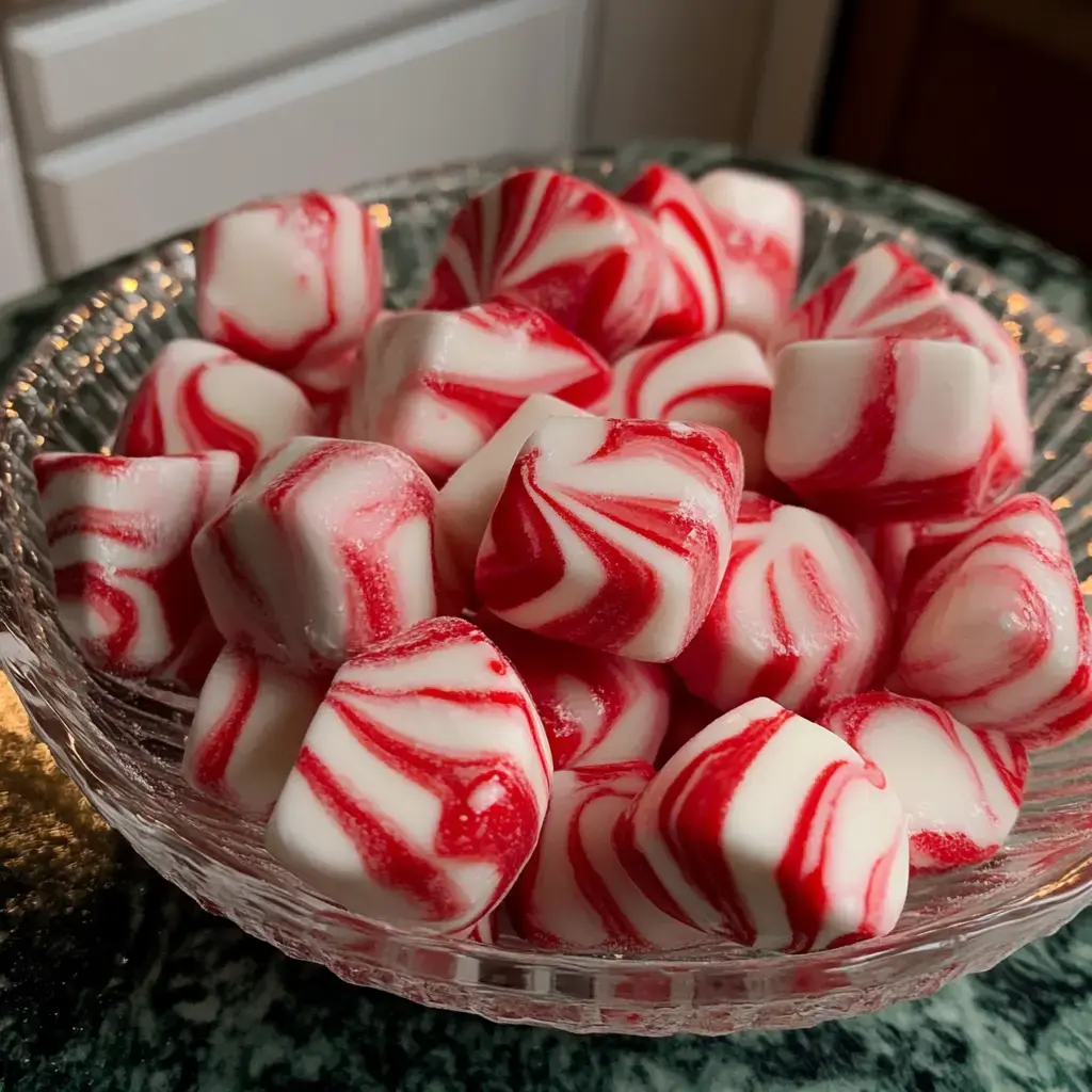 A glass bowl filled with red and white swirled peppermint candies.