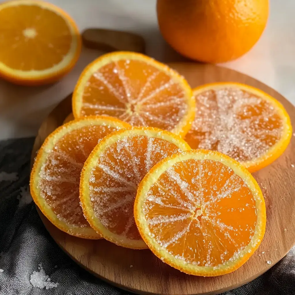 A wooden plate holds several sugar-coated orange slices, with a whole orange and a halved orange in the background.