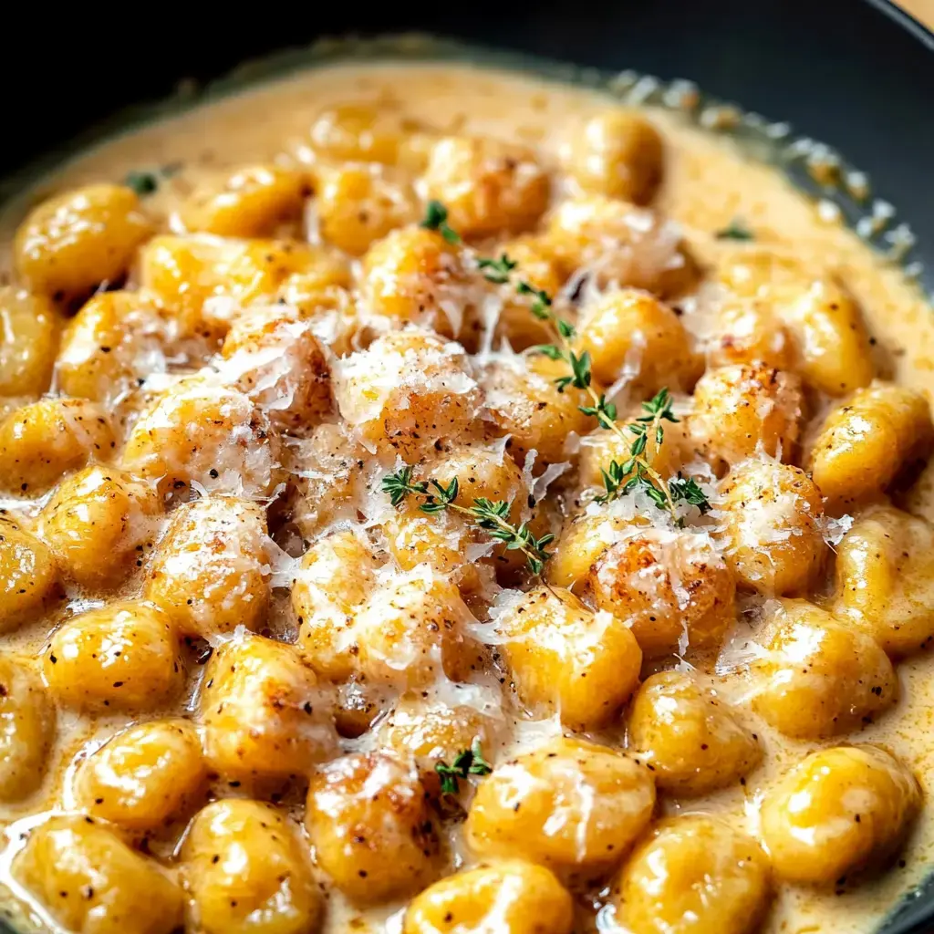 A close-up of creamy gnocchi served in a sauce, garnished with grated cheese and fresh thyme.