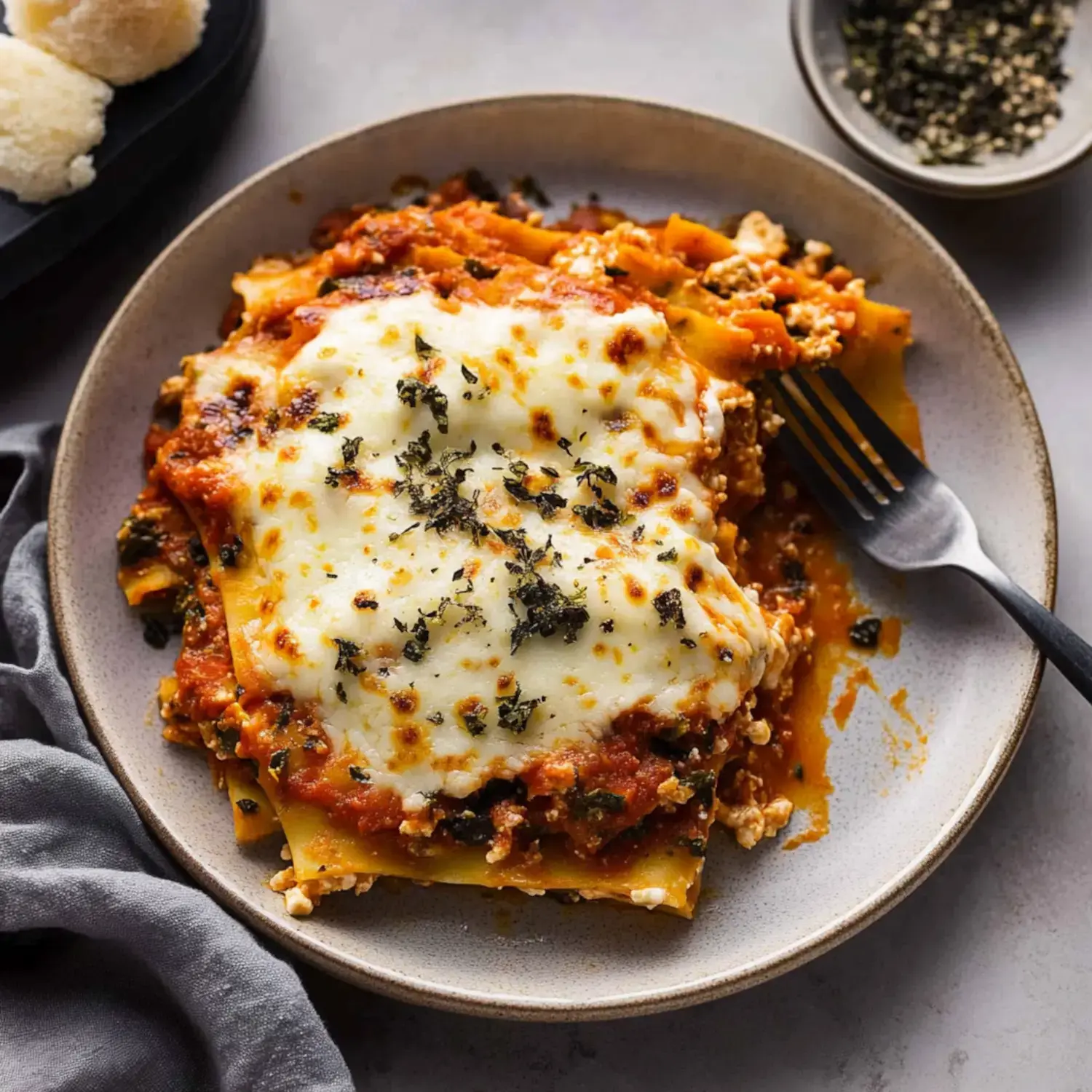 A serving of lasagna topped with melted cheese and herbs on a plate, accompanied by a fork.