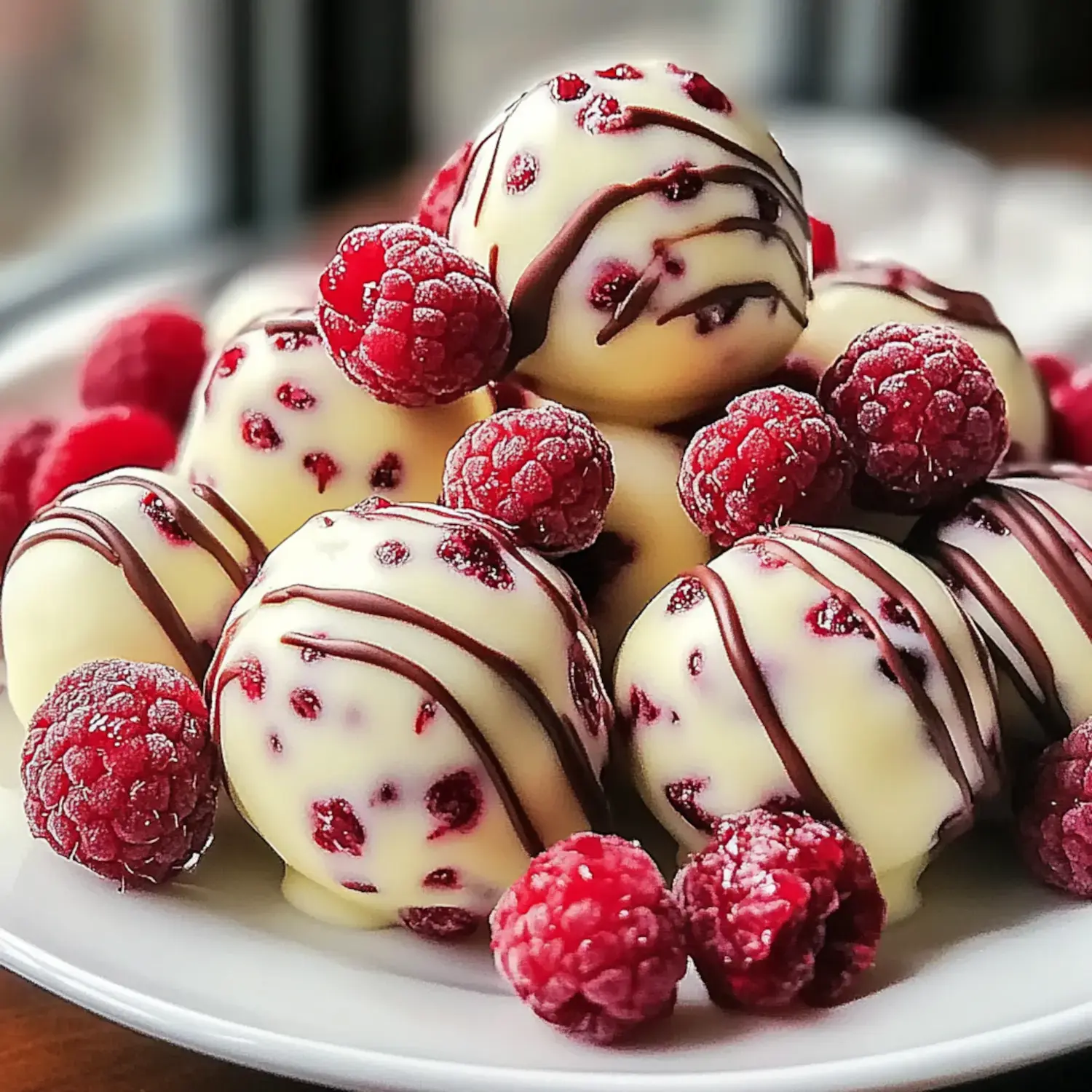 A plate of white chocolate-covered truffles decorated with drizzles of chocolate and surrounded by fresh raspberries.