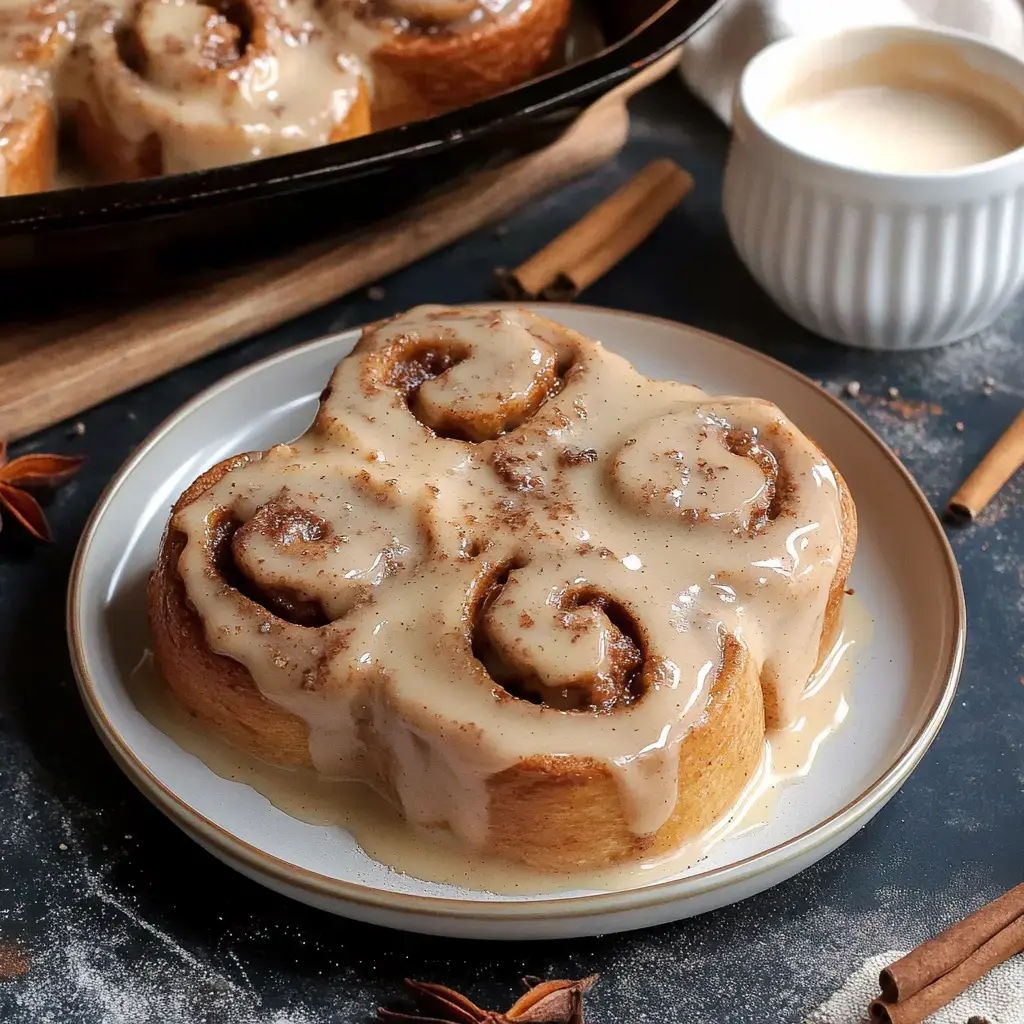 A freshly baked cinnamon roll with glaze sits on a plate, accompanied by a small cup of cream and cinnamon sticks in the background.