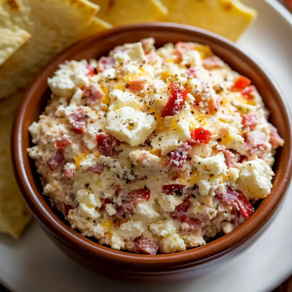 A bowl of creamy cheese dip mixed with diced red peppers and herbs, served with crispy flatbread.