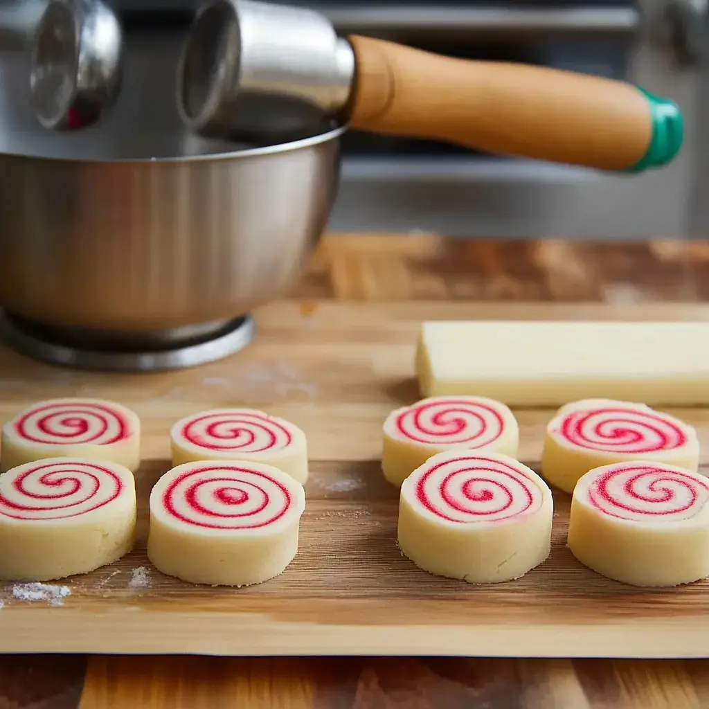 The image shows slices of swirl-patterned cookie dough on a wooden cutting board, with a mixing bowl and rolling pin in the background.