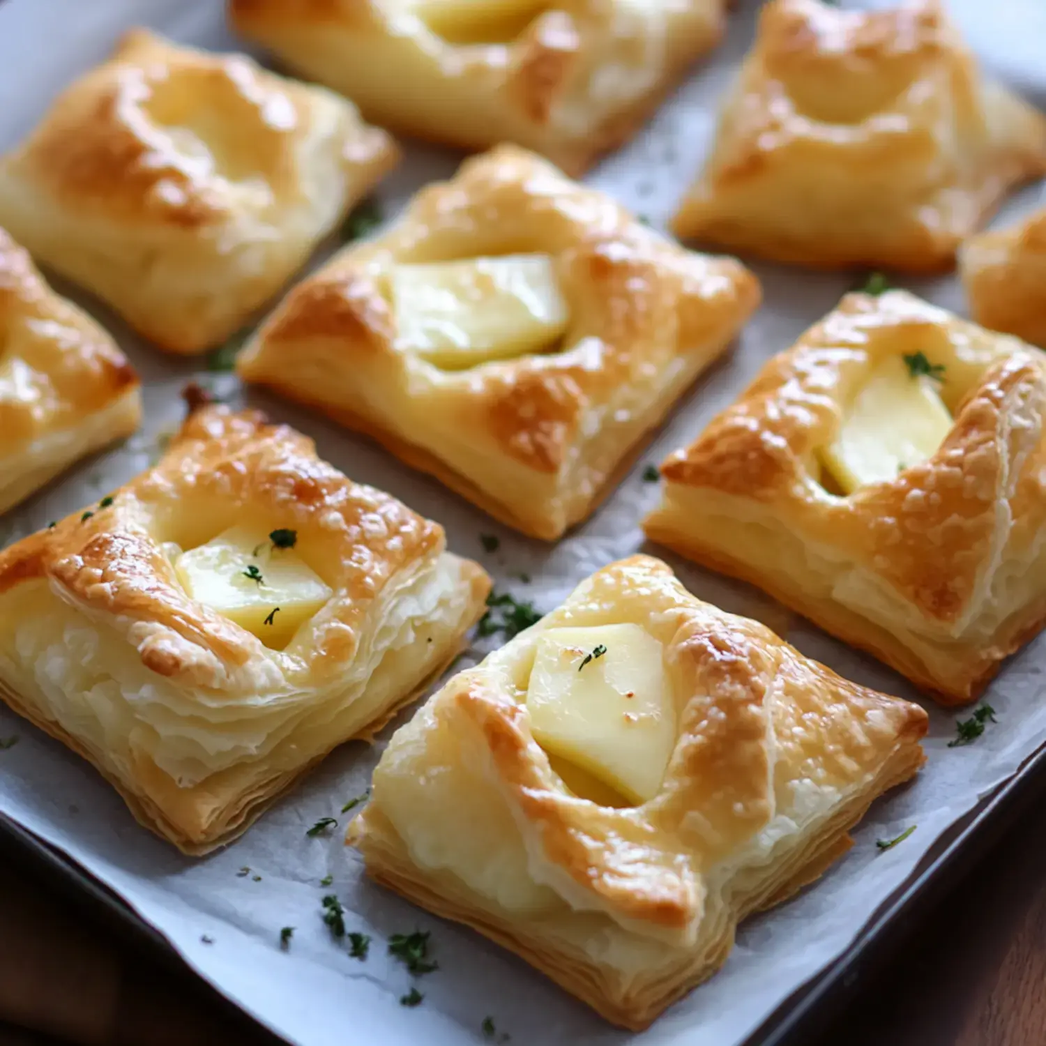 A tray of golden-brown puff pastry squares topped with slices of apple, garnished with parsley.