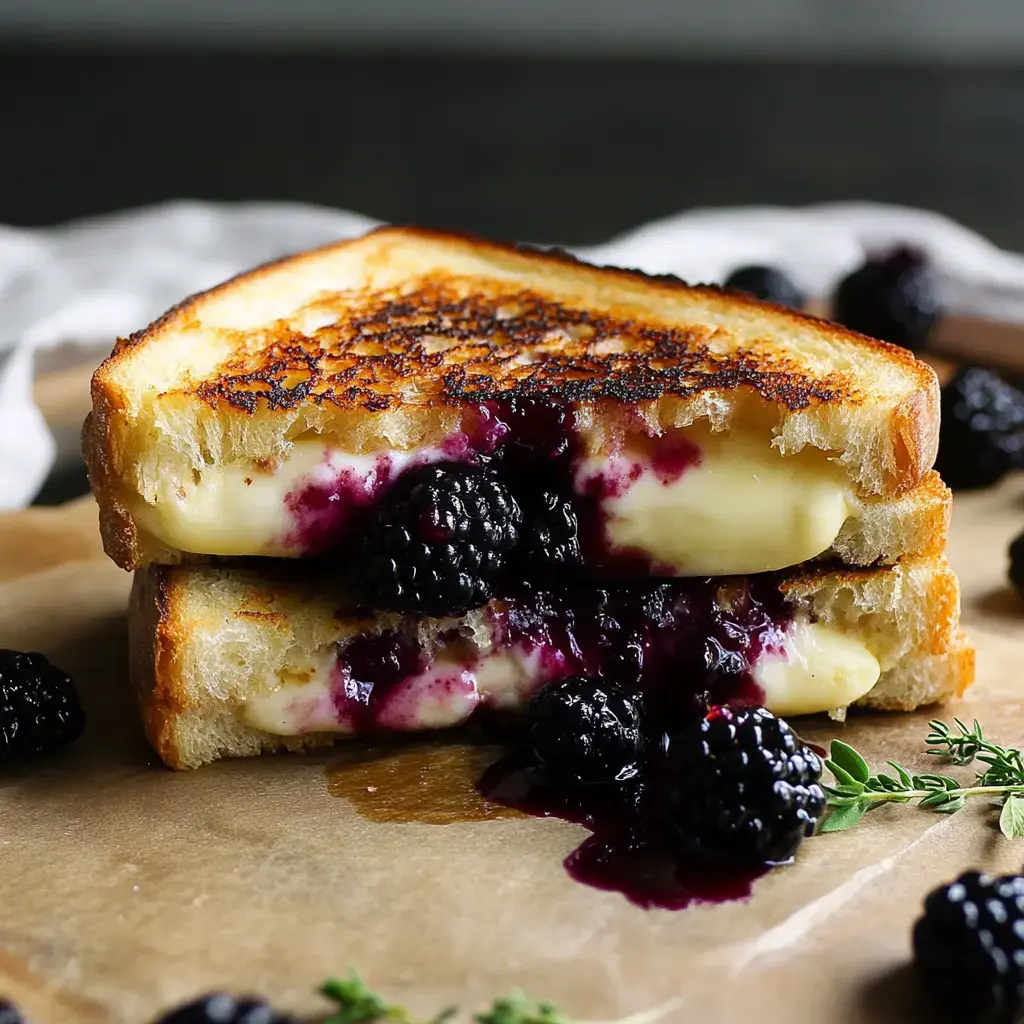 A grilled cheese sandwich with melted cheese and blackberries oozing out, surrounded by fresh blackberries on a brown parchment surface.