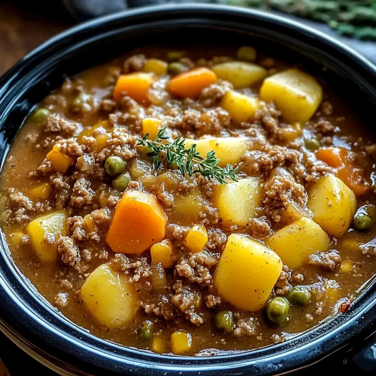 A flavorful bowl of hearty meat and vegetable stew with chunks of potatoes, carrots, and peas, garnished with a sprig of thyme.