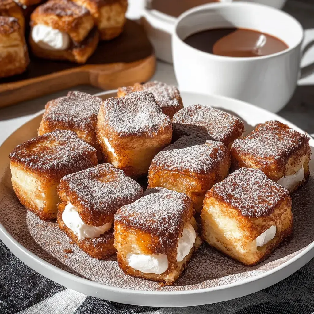 A plate of rectangular pastries dusted with powdered sugar, filled with cream, sits next to a cup of chocolate.