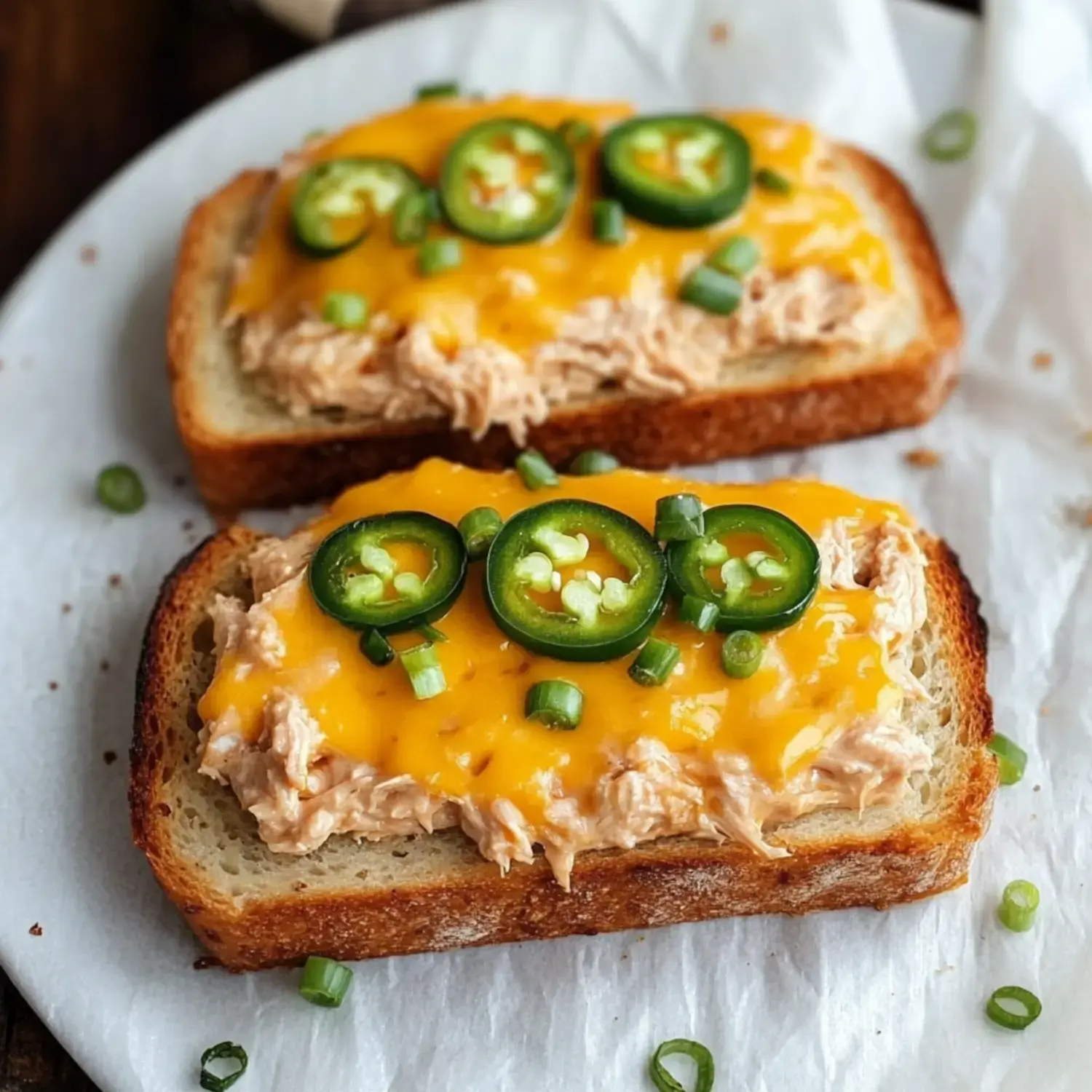 Two slices of toasted bread topped with shredded chicken, melted cheddar cheese, sliced jalapeños, and chopped green onions, placed on a white plate.