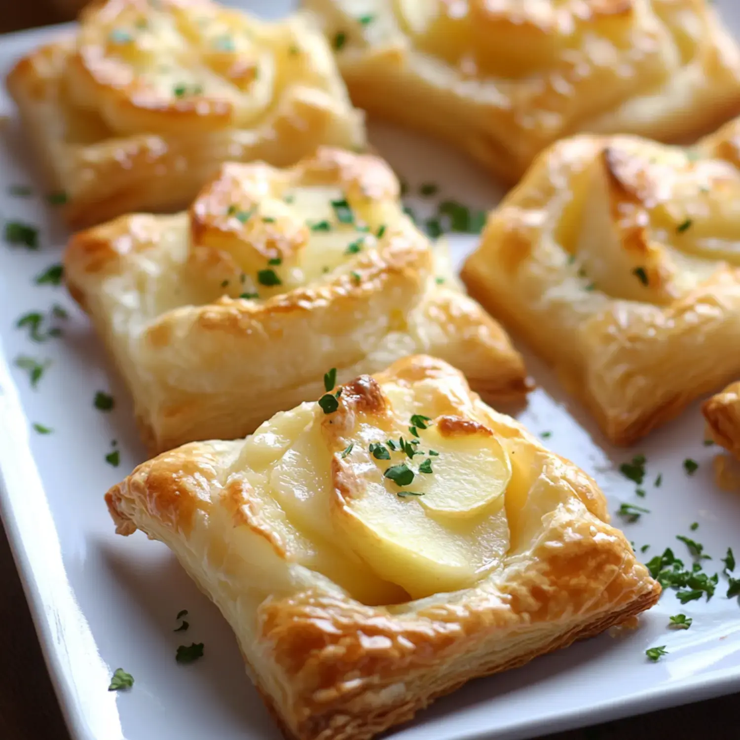 A plate of golden-brown puff pastry squares topped with sliced potatoes and garnished with chopped parsley.