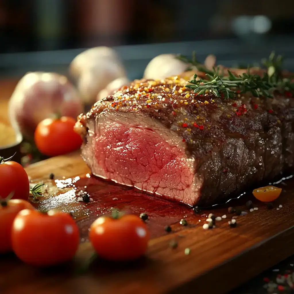 A perfectly cooked roast beef sits on a wooden cutting board, garnished with herbs and surrounded by fresh cherry tomatoes and spices.