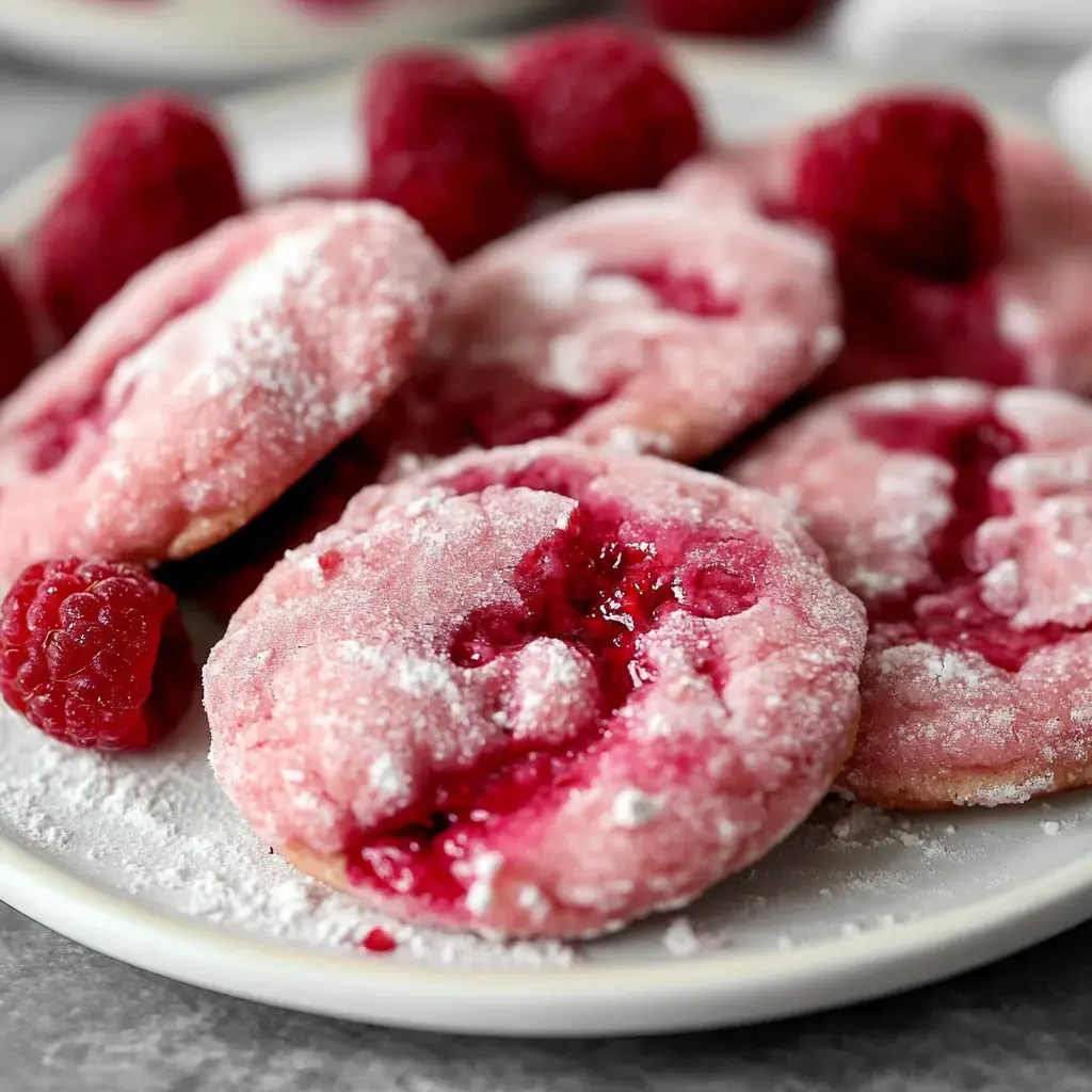 A plate of pink powdered raspberry cookies surrounded by fresh raspberries.