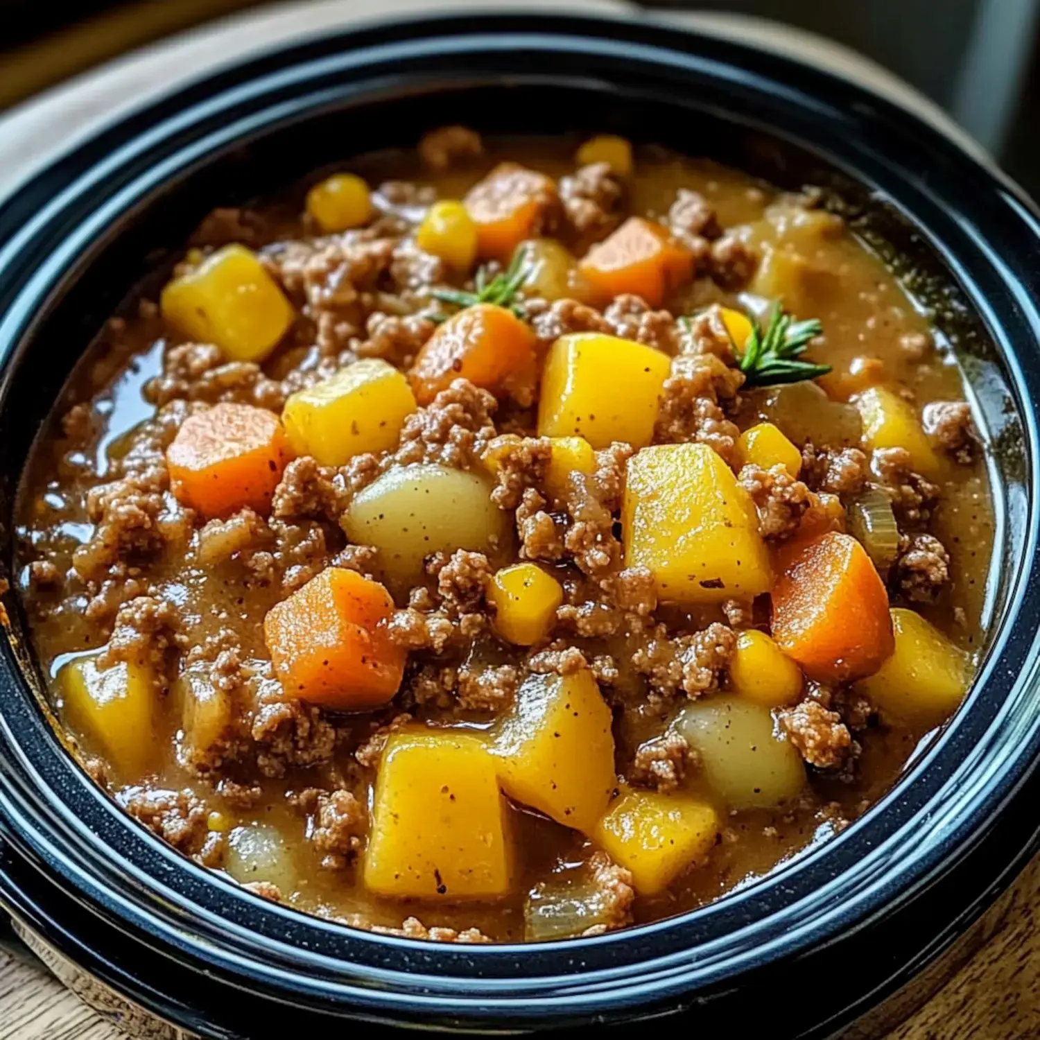 A close-up of a hearty stew with ground meat and diced vegetables, including carrots, potatoes, and squash, served in a black bowl.