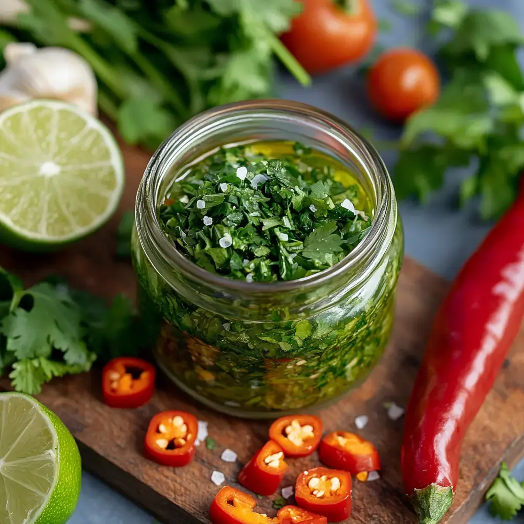 A jar filled with chopped herbs is surrounded by lime halves, cherry tomatoes, garlic, chili peppers, and fresh cilantro on a wooden cutting board.