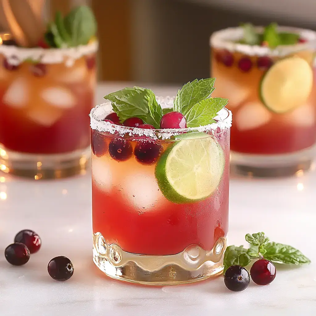 A close-up of a colorful cocktail garnished with mint leaves, lime slices, and cranberries, served in a glass with a sugared rim, with additional drinks blurred in the background.