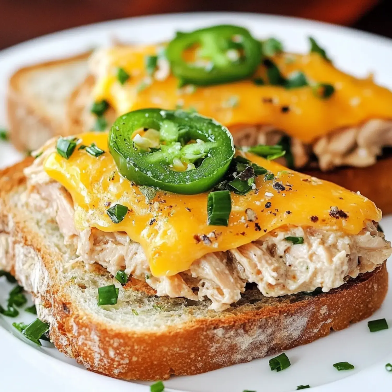 Two slices of toasted bread topped with shredded chicken, melted cheddar cheese, fresh green jalapeño slices, and chopped green onions.