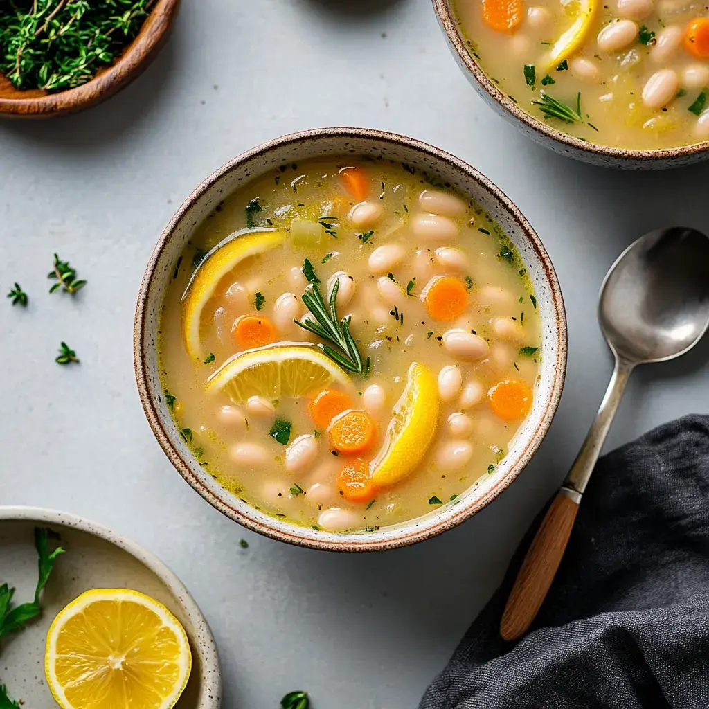 A bowl of white bean soup garnished with lemon slices, carrots, and herbs, accompanied by a spoon and a small plate with a lemon wedge.